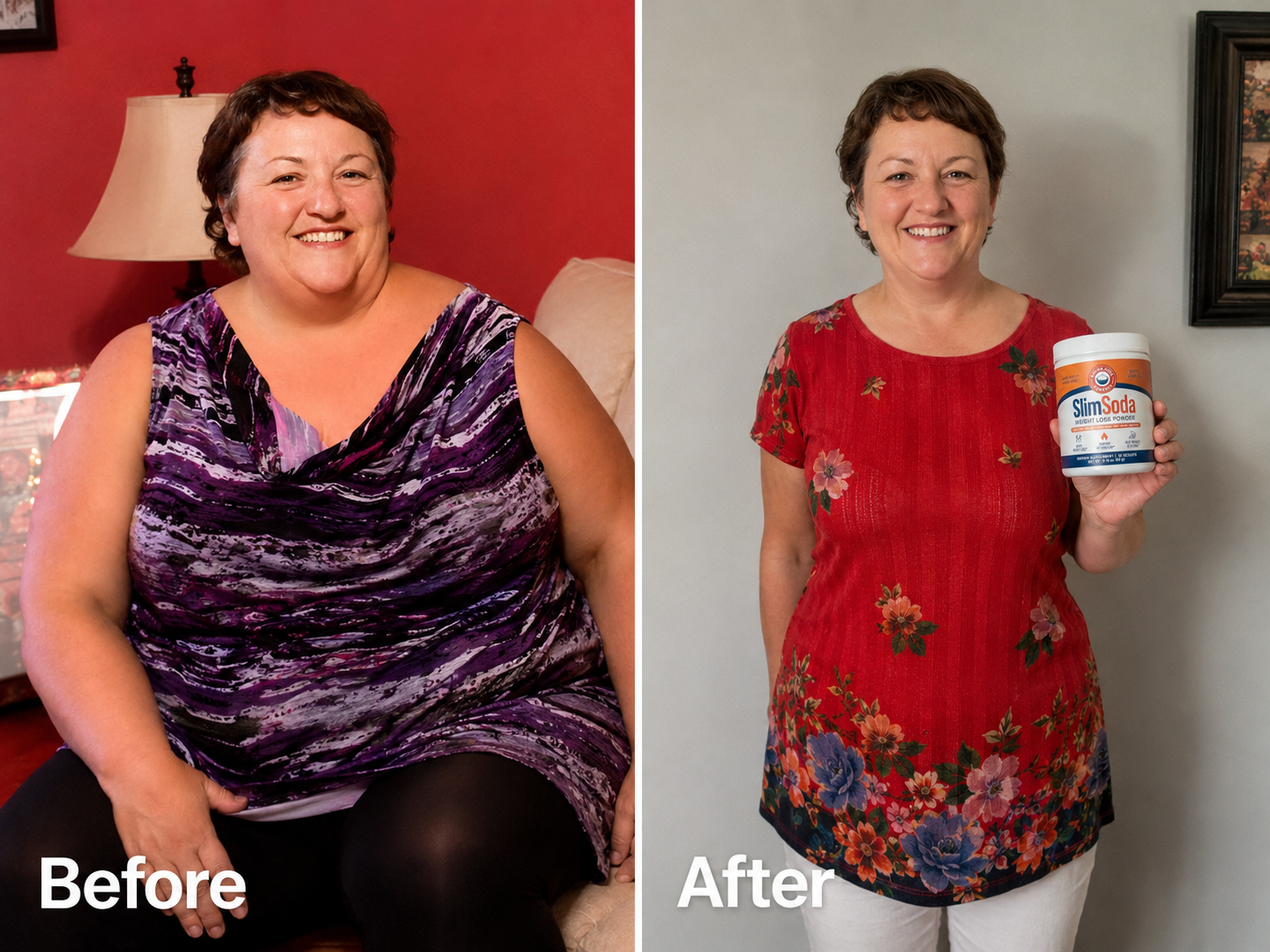 Before and after of Marlene holding a SlimSoda tub after her transformation