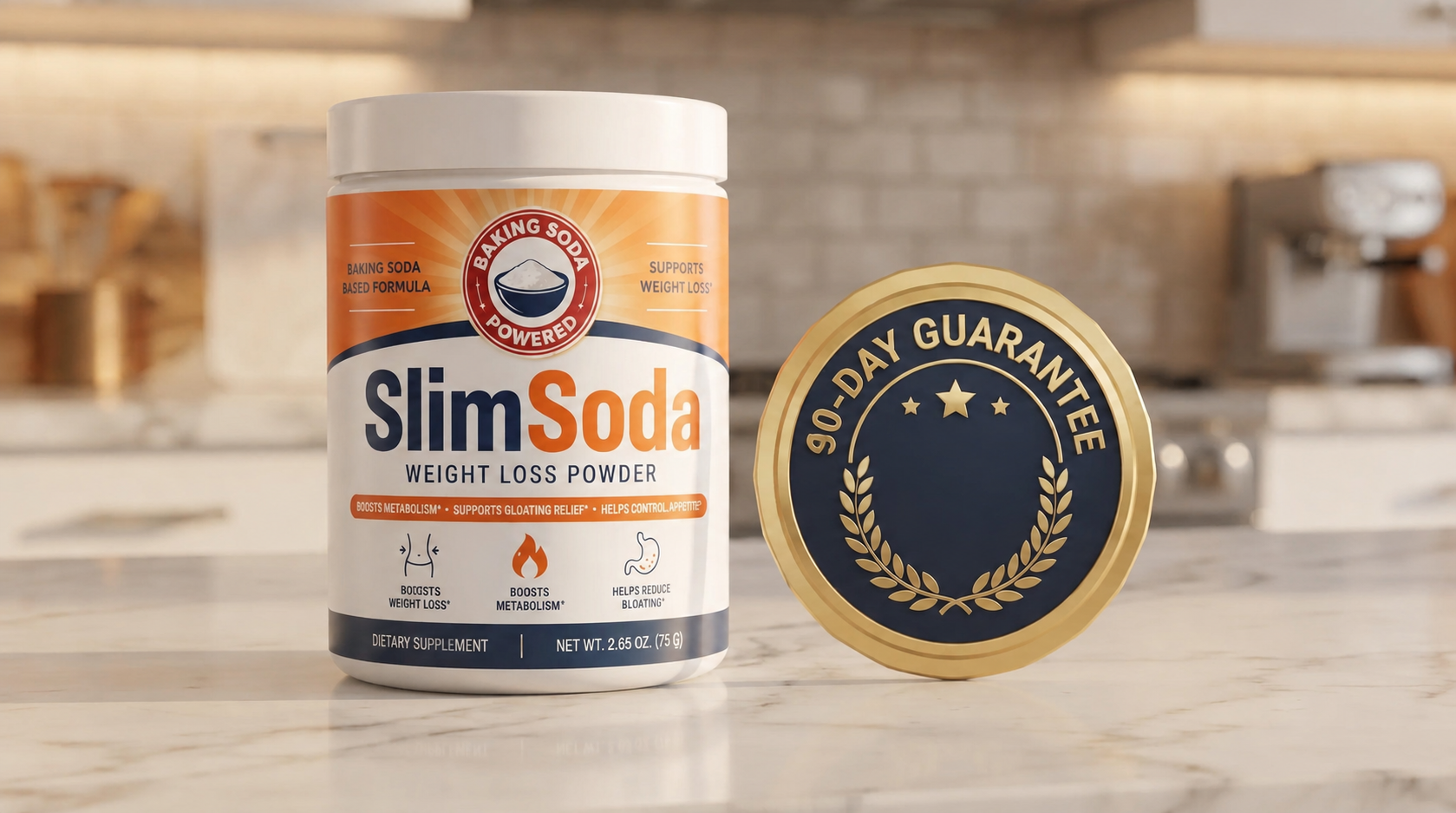 90-day money-back guarantee badge next to a SlimSoda tub